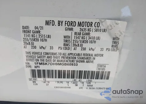 2021 Ford Explorer Xlt z USA, uszkodzony, nr VIN 1FMSK7DH9MGB60933
